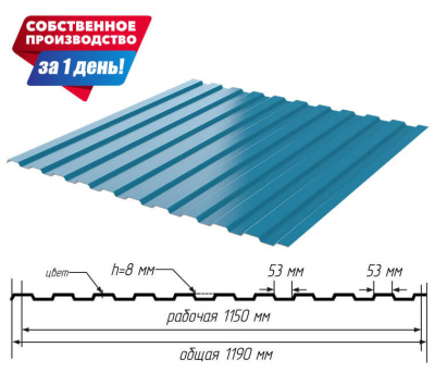 Профнастил (профлист) С-8 RAL5021 Морская волна 0.40мм эконом ширина 1.19(1,15)м с размерами профиля