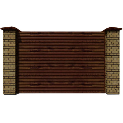 Секция забора жалюзи из ламелей еврожалюзи под дерево Каштан с кирпичными столбами анфас